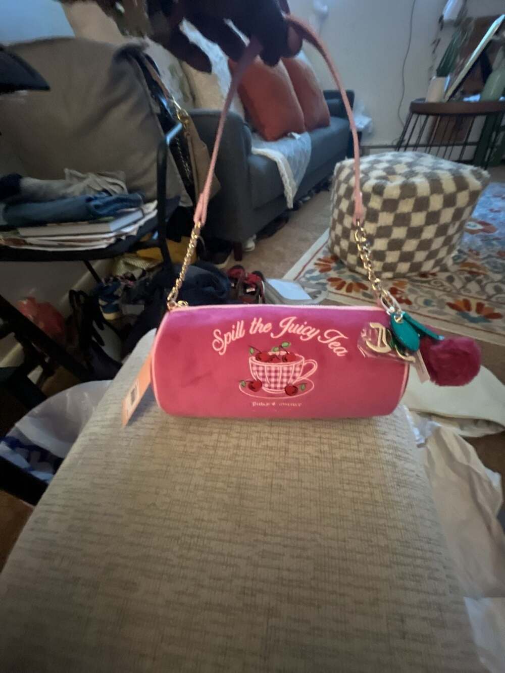 Juicy Couture 'Spill the Juicy Tea' Pink Velvet Cylinder Shoulder Bag